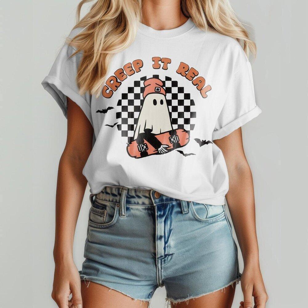 Creep It Real Ghost Halloween Graphic T-Shirt Spooky Pun Costume Tee 17